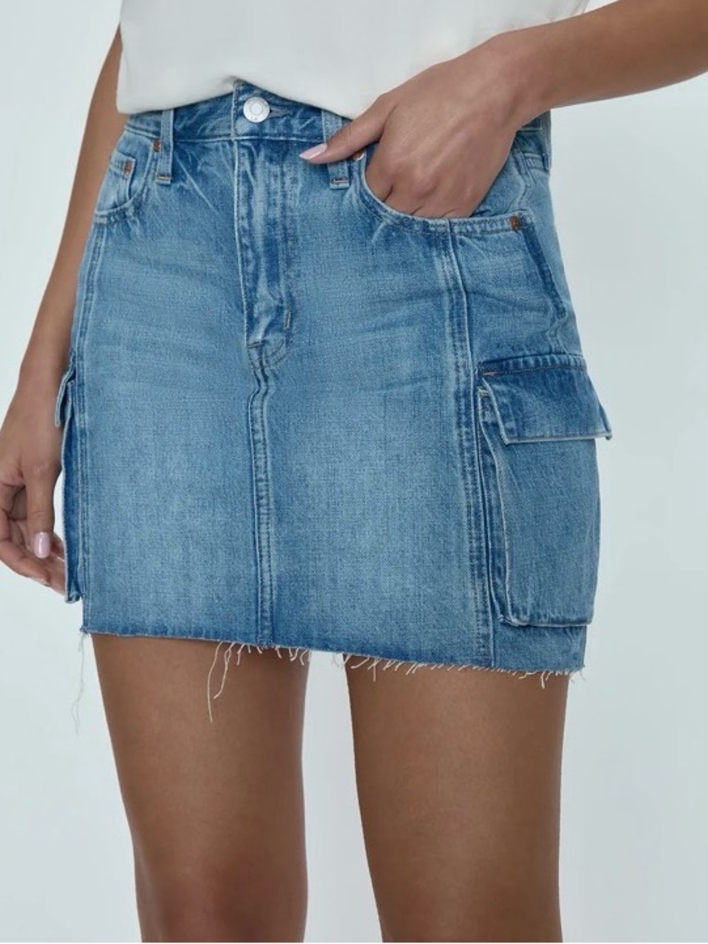 pistola Light Blue Denim Mini Skirt with Frayed Hem
